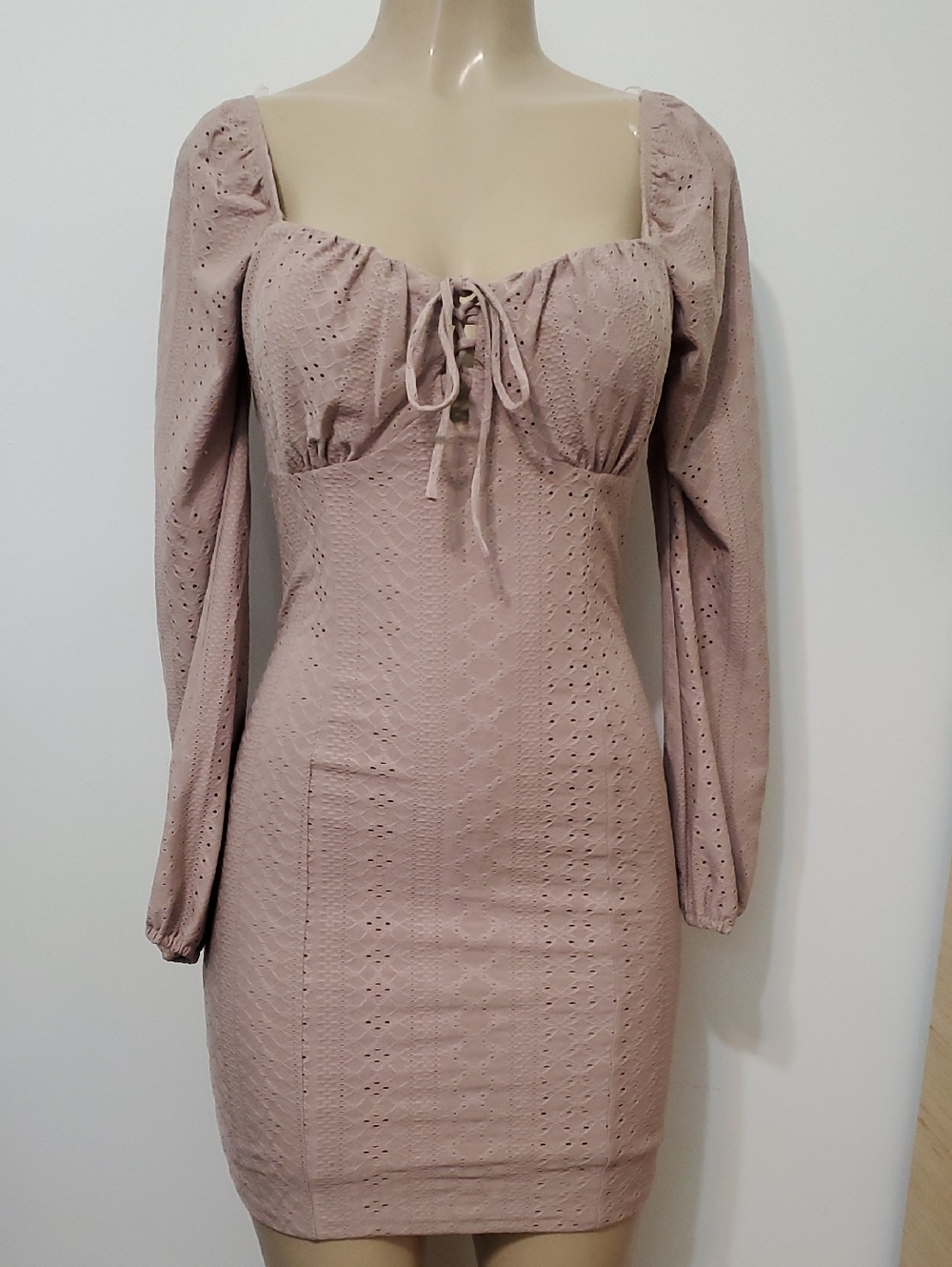 Active USA Dusty Mauve Eyelet Lace-Up Square Neck Long Sleeve Mini Dress